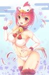  2017 :d bell bell_choker bikini blush breasts chicken_costume chinese_zodiac choker cowboy_shot elbow_gloves feathers fingernails gloves hand_on_hip happy_new_year highres large_breasts long_fingernails looking_at_viewer new_year open_mouth original personification pink_eyes pink_hair rooster_costume rooster_tail short_hair smile solo swimsuit umitonakai year_of_the_rooster 