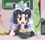  animal_ears blush bow chopsticks commentary_request common_raccoon_(kemono_friends) counter cup eating egg food highres jeff17 kemono_friends nigiribashi noodles open_mouth raccoon_ears ramen restaurant sitting solo soup sweat teacup udon 