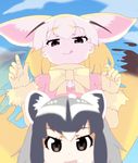  :d anafuchi animal_ears arms_up bow bowtie check_commentary commentary commentary_request common_raccoon_(kemono_friends) day eyebrows_visible_through_hair fennec_(kemono_friends) fox_ears half-closed_eyes highres kemono_friends licking_lips looking_at_viewer multiple_girls open_mouth puffy_short_sleeves puffy_sleeves raccoon_ears short_sleeve_sweater short_sleeves sky smile sweater tail_wagging tongue tongue_out you_gonna_get_raped 