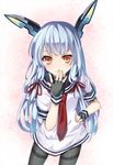  bad_anatomy bangs black_legwear blunt_bangs blush closed_mouth cowboy_shot dress eyebrows_visible_through_hair fingerless_gloves gloves hair_ribbon hand_on_hip hand_on_own_face headgear hikobae kantai_collection long_hair looking_at_viewer murakumo_(kantai_collection) necktie orange_eyes pantyhose pink_background red_neckwear red_ribbon ribbon sailor_dress short_sleeves simple_background sleeve_cuffs smile solo standing thighband_pantyhose tress_ribbon white_dress white_hair 