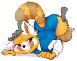  aggressive_retsuko ailurid all_fours anthro black_eyes blush butt clothed clothing disembodied_hand female grope hand_on_butt legwear looking_back mammal red_panda retsuko solo_focus thick_thighs thigh_highs wizzikt 