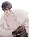  amamiya_ren arm_up bed black_hair briefs brown_eyes buttons collarbone commentary_request eyelashes glasses looking_at_viewer male_focus male_underwear navel nipples pale_skin pants persona persona_5 pillow shirt_in_mouth shirt_lift shuujin_academy_uniform solo sweater tibaba_pego underwear undressing 