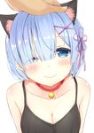  ;) arms_at_sides bangs bell bell_choker blue_eyes blue_hair blunt_bangs blush breasts camisole choker cleavage collarbone commentary_request hair_ornament hair_over_one_eye hair_ribbon half-closed_eye highres jingle_bell karutamo looking_at_viewer medium_breasts one_eye_closed out_of_frame petting purple_ribbon re:zero_kara_hajimeru_isekai_seikatsu rem_(re:zero) ribbon short_hair simple_background smile solo_focus upper_body white_background x_hair_ornament 