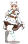  :o adjusting_clothes albino amonitto animal_ears arctic_fox_(kemono_friends) arm_at_side arm_warmers belt blue_gloves blurry blush brown_belt brown_ribbon capelet dress eyebrows_visible_through_hair eyelashes fox_ears fox_tail full_body fur-trimmed_capelet fur-trimmed_dress fur-trimmed_legwear fur_trim gloves hair_between_eyes kemono_friends kneehighs knees_together_feet_apart leg_lift long_hair long_sleeves looking_at_viewer neck_ribbon open_mouth pantyhose red_eyes ribbon shadow simple_background socks socks_over_pantyhose solo standing standing_on_one_leg tail tsurime white_background white_dress white_hair white_legwear 