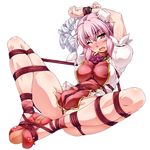  amputee arms_up bandaged_arm bandages bdsm blouse blush bondage bound bound_ankles bound_legs bound_wrists breasts cuffs double_bun flower full_body ibaraki_kasen large_breasts looking_at_viewer no_panties no_pants one_eye_closed ootsuki_wataru open_mouth pink_hair puffy_short_sleeves puffy_sleeves red_eyes red_flower red_footwear red_rose rose shibari shibari_over_clothes shoes short_sleeves solo spread_legs sweat tabard touhou transparent_background white_blouse 