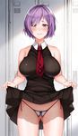  ass_visible_through_thighs bare_legs bare_shoulders between_breasts black_dress blush breasts cowboy_shot crotchless_panties dress dress_lift fate_(series) hanada_yanochi large_breasts locker locker_room looking_at_viewer mash_kyrielight necktie necktie_between_breasts panties purple_eyes purple_hair short_dress short_hair side-tie_panties solo string_panties underwear 