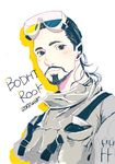  absurdres beard black_eyes black_hair bodhi_rook character_name copyright_name facial_hair goggles goggles_on_head highres ieesnth long_hair male_focus mustache rogue_one:_a_star_wars_story simple_background solo star_wars upper_body white_background 