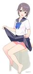  bare_legs barefoot blush desk eyebrows_visible_through_hair full_body grey_eyes grey_hair highres idolmaster idolmaster_cinderella_girls lifted_by_self looking_at_viewer mibu_natsuki on_desk open_mouth otokura_yuuki panties pleated_skirt school_desk school_uniform serafuku short_sleeves sitting sitting_on_desk skirt skirt_lift smile solo twitter_username underwear white_panties 