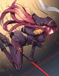  armor ass bodysuit fate/grand_order fate_(series) gae_bolg highres long_hair neko-hime_(neko-hime) polearm profile purple_bodysuit purple_hair red_eyes scathach_(fate)_(all) scathach_(fate/grand_order) shoulder_armor solo spear veil weapon 