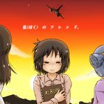  aircraft airplane album_(object) blue_hair closed_eyes commentary_request flying gaketsu hair_ornament long_hair long_sleeves minakami_mai mountainous_horizon multiple_girls naganohara_mio nichijou partially_translated sad_smile shinonome_nano shirt short_hair tears translation_request twintails 