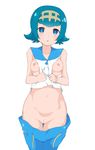  1girl :o blue_hair blush breasts breasts_apart clothes_between_breasts collarbone hairband highres looking_at_viewer navel nipples no_swimsuit pants_down pokemon pokemon_(game) pokemon_sm pussy shirt shirt_pull short_hair simple_background small_breasts solo suiren_(pokemon) thigh_gap trial_captain white_background 