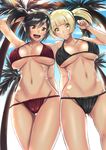  :d ass_visible_through_thighs bare_shoulders beach bikini black_hair blonde_hair blush breasts closed_mouth collarbone day furisode_girl_(pokemon) furisode_girl_karen furisode_girl_kirika hair_between_eyes highres large_breasts looking_at_viewer midriff multiple_girls navel open_mouth orange_eyes pokemon pokemon_(game) pokemon_xy sky smile stomach swimsuit takecha thigh_gap tied_hair twintails underbust yellow_eyes 