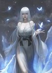  bare_shoulders breasts bug butterfly cleavage glowing hime_cut ice insect japanese_clothes kimono large_breasts long_hair looking_at_viewer nioh pale_skin phamoz side_slit silver_hair solo wide_sleeves yuki-onna_(nioh) 