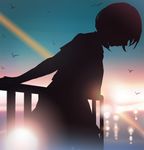  arms_behind_back aya_(star) backlighting bad_id bad_pixiv_id bird commentary leaning_forward lens_flare looking_down original profile railing rooftop short_hair silhouette sketch skirt solo sunset 