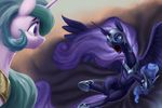  armor duo equine feathered_wings feathers female feral friendship_is_magic hair hooves horn mammal my_little_pony nadnerbd nightmare_moon_(mlp) open_mouth plushie princess_celestia_(mlp) purple_hair teeth tongue unicorn winged_unicorn wings 