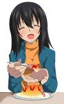  black_hair blue_jacket blush closed_eyes hair_between_eyes head_tilt himeragi_yukina holding holding_spoon jacket long_hair omelet open_clothes open_jacket orange_sweater shiny shiny_skin sitting solo spoon strike_the_blood sweater transparent_background 