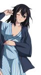  black_hair bow breasts brown_eyes cleavage collarbone from_above hair_bow himeragi_yukina japanese_clothes kimono long_hair lying on_back one_eye_closed parted_lips shiny shiny_skin small_breasts solo strike_the_blood striped striped_kimono transparent_background yukata 