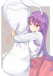  ;/ animal_ears blush bunny_ears closed_mouth commentary cowboy_shot from_side hair_between_eyes kasuka_(kusuki) long_hair long_sleeves pillow pillow_hug purple_hair red_eyes red_skirt reisen_udongein_inaba shirt skirt solo touhou very_long_hair white_shirt 