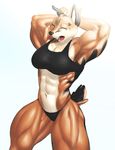  2017 abs anthro armpits breasts canine clothed clothing digital_media_(artwork) eyes_closed female flecks fox mammal muscular muscular_female navel open_mouth pecs simple_background solo spreading standing tongue yawn 