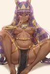  absurdres animal_ears barefoot bracelet breasts breasts_apart bunny_ears dark_skin eyebrows_visible_through_hair fate/grand_order fate_(series) hair_ornament hairband hand_to_own_mouth highres jewelry leaning_back long_hair looking_at_viewer medium_breasts navel nitocris_(fate/grand_order) pelvic_curtain purple_eyes purple_hair revision shiny shiny_skin sidelocks simple_background sitting smile solo spread_legs tattoo thighlet underboob very_long_hair yellow_background yohan1754 