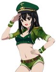  :d arm_up belt black_hair breasts brown_eyes camouflage camouflage_jacket camouflage_shorts cleavage collarbone cowboy_shot crop_top green_hat green_jacket green_shorts hair_between_eyes hand_on_hip hat himeragi_yukina jacket long_hair looking_at_viewer midriff military_hat navel open_clothes open_jacket open_mouth salute short_shorts shorts small_breasts smile solo standing stomach strike_the_blood tank_top transparent_background wrist_cuffs 