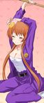  arms_up belt breasts brown_hair cleavage closed_eyes collarbone eyebrows_visible_through_hair flower hair_flower hair_ornament jacket long_hair medium_breasts nisekoi pants purple_jacket purple_pants sarashi short_hair_with_long_locks sidelocks sitting solo tachibana_marika white_legwear yellow_flower 