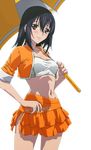  black_hair blush bow breasts brown_eyes cleavage collarbone cowboy_shot crop_top groin hair_bow himeragi_yukina holding holding_umbrella jacket layered_skirt long_hair looking_at_viewer medium_breasts midriff miniskirt navel open_clothes open_jacket orange_jacket orange_skirt race_queen shiny shiny_skin skirt smile solo standing stomach strike_the_blood tank_top transparent_background umbrella 