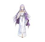  breasts cape detached_sleeves dress fire_emblem fire_emblem:_seisen_no_keifu fire_emblem_heroes full_body haimura_kiyotaka hand_on_own_chest highres lavender_hair long_hair long_sleeves looking_at_viewer medium_breasts official_art purple_eyes purple_hair sandals simple_background smile solo standing tiara white_background wide_sleeves yuria_(fire_emblem) 