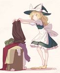  apron barefoot black_skirt blonde_hair bow full_body hat hat_bow kirisame_marisa laundry laundry_basket long_hair puffy_short_sleeves puffy_sleeves short_sleeves skirt skirt_set sock_dangle socks solo standing touhou vest white_bow witch_hat yamamomo_(plank) yellow_eyes yellow_legwear 