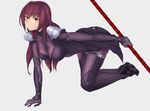  armor armored_boots ass bodysuit boots breasts covered_nipples fate/grand_order fate_(series) gae_bolg high_heels holding holding_weapon large_breasts long_hair looking_at_viewer pauldrons purple_hair red_eyes scathach_(fate)_(all) scathach_(fate/grand_order) solo terry_(pixiv3274443) weapon 