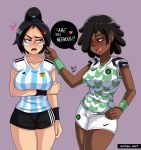  argentina black_girl black_hair bown_eyes dark_skin ebony fifa football futball hand_on_hip hips jersy nigeria nigerian short_shorts shorts thick thighs tongue very_dark_skin wide_hips 