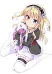  bangs blonde_hair blue_eyes blush boku_wa_tomodachi_ga_sukunai chikuwa. closed_mouth commentary_request dutch_angle frilled_hairband frilled_legwear frills full_body gothic_lolita hairband hasegawa_kobato heterochromia lolita_fashion lolita_hairband long_hair long_sleeves looking_at_viewer no_shoes object_hug red_eyes simple_background sitting smile solo stuffed_animal stuffed_bunny stuffed_toy thigh_strap thighhighs two_side_up wariza white_background white_legwear 