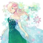  blonde_hair blue_eyes blush cosplay crossover dress earrings elsa_(frozen) elsa_(frozen)_(cosplay) floral_background from_side frozen_(disney) hair_over_one_eye jewelry long_hair mario_(series) off-shoulder_dress off_shoulder poo rosetta_(mario) simple_background solo star super_mario_bros. super_mario_galaxy translation_request white_background 
