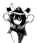  angry black_hair black_skirt black_wings collared_shirt glaring hands_on_hips hat koyubi_(littlefinger1988) looking_at_viewer monochrome necktie pom_pom_(clothes) pout puffy_cheeks shameimaru_aya shirt short_hair skirt tokin_hat touhou wing_collar wings 