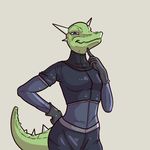  armor clothing crisis-omega female gloves half-closed_eyes horn leather lizard looking_at_viewer reptile scalie simple_background smug solo 
