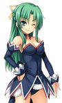  ;) angel_mort breasts choker cleavage collarbone cowboy_shot detached_sleeves green_eyes green_hair hair_ribbon hand_on_hip higurashi_no_naku_koro_ni kurosaki long_hair looking_at_viewer medium_breasts one_eye_closed ribbon smile solo sonozaki_shion standing transparent_background yellow_ribbon 