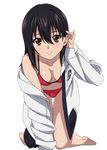  all_fours barefoot bikini black_hair borrowed_garments breasts brown_eyes cleavage collarbone hand_in_hair himeragi_yukina jacket long_hair looking_at_viewer navel open_clothes open_jacket red_bikini shiny shiny_skin small_breasts smile solo strike_the_blood swimsuit transparent_background white_jacket 