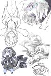  backpack bag black_bikini_top bone character_sheet chibi chibi_inset hanging hood hooded_jacket jacket kantai_collection purple_eyes re-class_battleship roaring sharp_teeth shinkaisei-kan silver_hair simple_background sketch skull tail teeth turret upside-down white_background yagi_mutsuki 