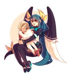  1girl bad_id bad_pixiv_id blonde_hair blue_eyes blue_hair dizzy doll eyepatch guilty_gear highres long_hair mother_and_son red_eyes ribbon san_(winteroll) sin_kiske smile tail tail_ribbon thighhighs very_long_hair wings younger 