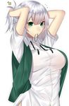  adjusting_hair arms_up bangs breasts collared_shirt commentary_request dress_shirt eyebrows_visible_through_hair green_eyes green_vest hair_ornament hair_tie hair_tie_in_mouth hands_in_hair highres konpaku_youmu large_breasts looking_at_viewer mouth_hold neck_ribbon notice_lines older onineko-chan open_clothes open_vest ponytail ribbon shirt short_sleeves silver_hair simple_background solo touhou tying_hair upper_body vest white_background white_shirt wing_collar 