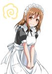  alternate_costume apron bangs black_neckwear black_ribbon blush brown_eyes brown_hair commentary_request enmaided frilled_apron frills holding holding_tray kunikida_hanamaru leaning_forward long_hair looking_at_viewer love_live! love_live!_sunshine!! maid maid_apron maid_headdress neck_ribbon ribbon short_sleeves simple_background smile solo tray white_background yopparai_oni 