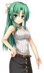  belt black_skirt eyebrows_visible_through_hair green_eyes green_hair hair_ribbon hand_on_hip higurashi_no_naku_koro_ni kurosaki long_hair looking_at_viewer ribbon shirt skirt sleeveless sleeveless_shirt smile solo sonozaki_shion standing striped striped_shirt transparent_background vertical-striped_shirt vertical_stripes yellow_ribbon 