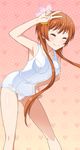  arm_up armpits breasts brown_hair closed_eyes collarbone flower hair_flower hair_ornament hand_on_hip leaning_forward long_hair long_legs medium_breasts nisekoi old_school_swimsuit one-piece_swimsuit school_swimsuit short_hair_with_long_locks smile solo standing swimsuit tachibana_marika v white_school_swimsuit white_swimsuit yellow_flower 