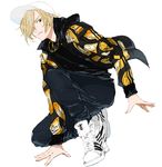  baseball_cap blonde_hair en_(enxxx) green_eyes hair_over_one_eye hat hood hoodie jewelry male_focus necklace shoes sneakers squatting yuri!!!_on_ice yuri_plisetsky 