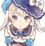  blue_eyes blue_hat blue_ribbon blush bow detached_sleeves eyebrows_visible_through_hair hair_ornament hat highres long_hair long_sleeves looking_at_viewer open_mouth original ribbon sencha_(senta_10) silver_hair solo star star_hair_ornament white_bow 