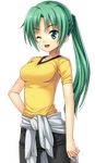  ;d black_pants breasts clothes_around_waist collarbone cowboy_shot eyebrows_visible_through_hair green_eyes green_hair hand_on_hip higurashi_no_naku_koro_ni jacket_around_waist kurosaki long_hair medium_breasts one_eye_closed open_mouth pants ponytail shiny shiny_skin shirt short_sleeves smile solo sonozaki_mion standing transparent_background yellow_shirt 