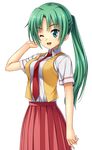  ;d cowboy_shot green_eyes green_hair hand_in_hair higurashi_no_naku_koro_ni kurosaki long_hair long_skirt necktie one_eye_closed open_mouth pleated_skirt ponytail red_neckwear red_skirt shirt short_sleeves skirt smile solo sonozaki_mion standing transparent_background white_shirt 