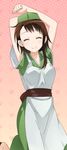  arms_up brown_hair closed_eyes dress green_dress green_hat grey_apron hat leg_up nisekoi onodera_kosaki short_hair short_sleeves smile solo standing 