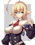  ahoge blazblue blazblue:_central_fiction blonde_hair blue_eyes braid breasts covered_nipples es_(xblaze) frown highres large_breasts long_hair looking_to_the_side necktie no_bra puffy_nipples single_braid slit_pupils solo takanashi-a wide_sleeves xblaze 