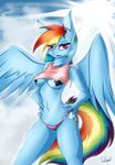  anthro armpits blue_feathers blue_fur breasts clothed clothing cutie_mark equine eyelashes feathered_wings feathers female friendship_is_magic fur hair hands_on_hips looking_at_viewer mammal multicolored_hair multicolored_tail my_little_pony navel nipple_tape pasties pegasus rainbow_dash_(mlp) rainbow_hair rainbow_tail seleeger solo standing tape under_boob wide_hips wings 